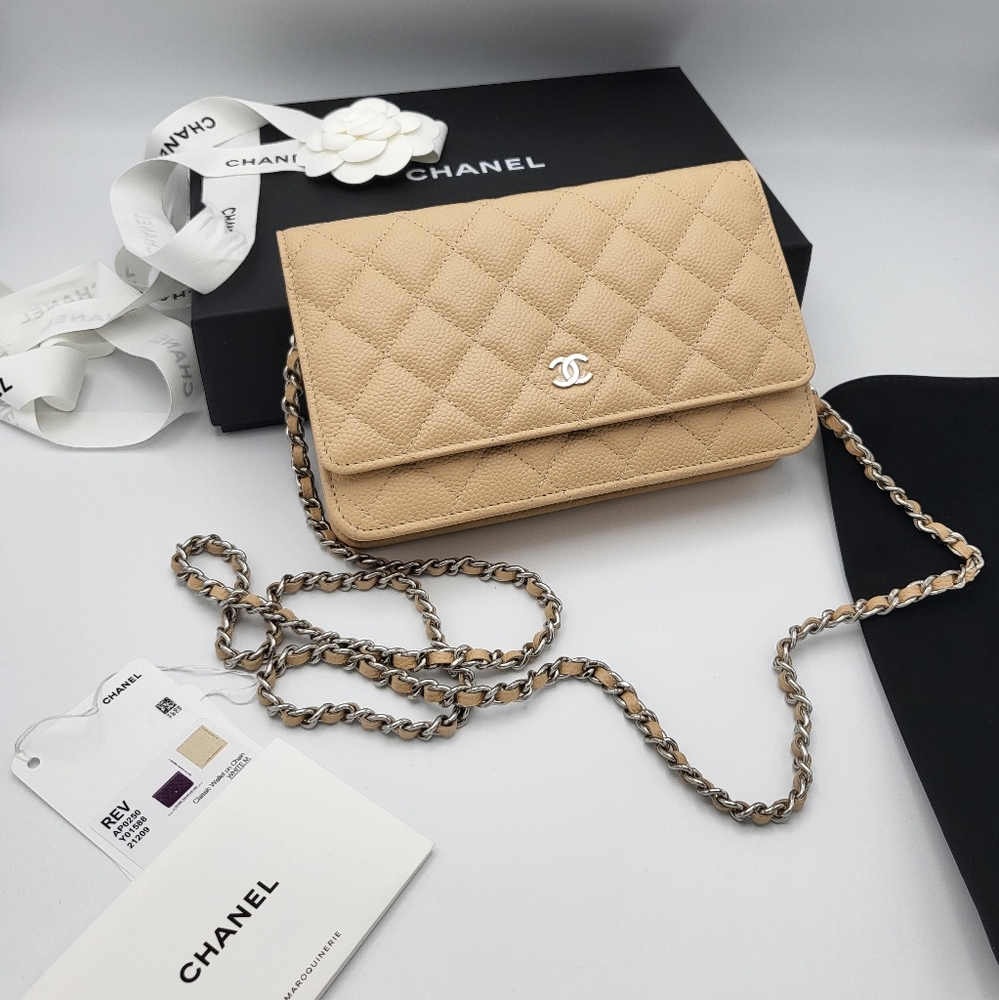 Brand new 2022 authentic Chanel classic beige caviar quilted woc wallet on chain